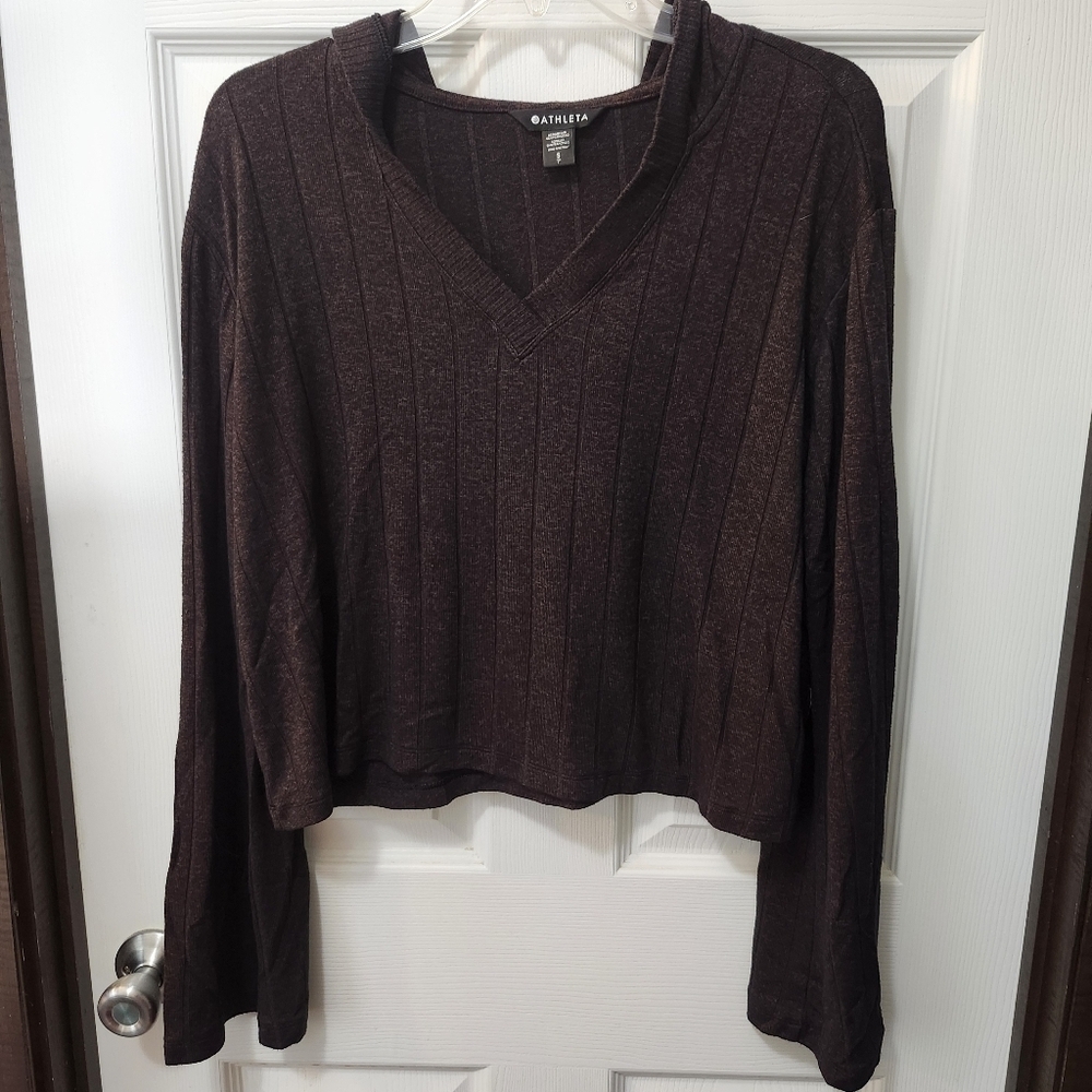 Athleta Mahogany Heather Pullover Ribbed Sweater With Hood. Sz S - Picture 5 of 8